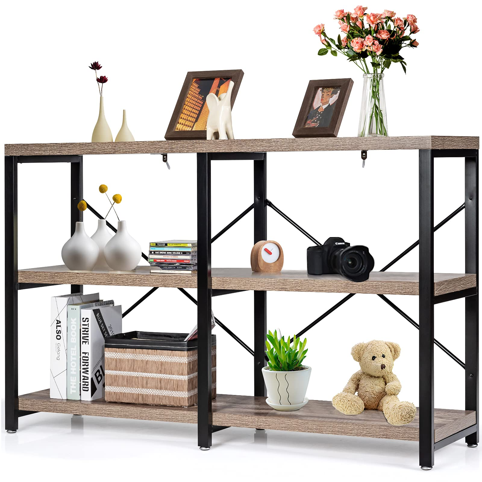 Tangkula Table console rustique, table console à 3 niveaux avec étagères, table de vestibule industrielle avec pieds réglables, meuble TV de salon